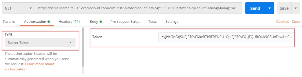 Postman example with authorization key and token.