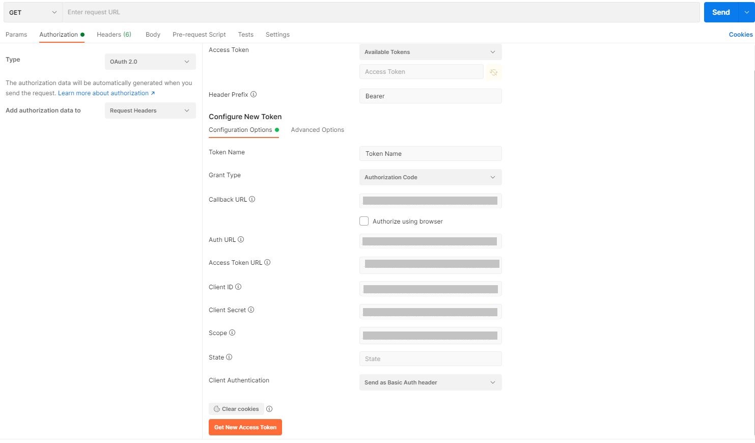 Image of authorization type and Configure New Token section