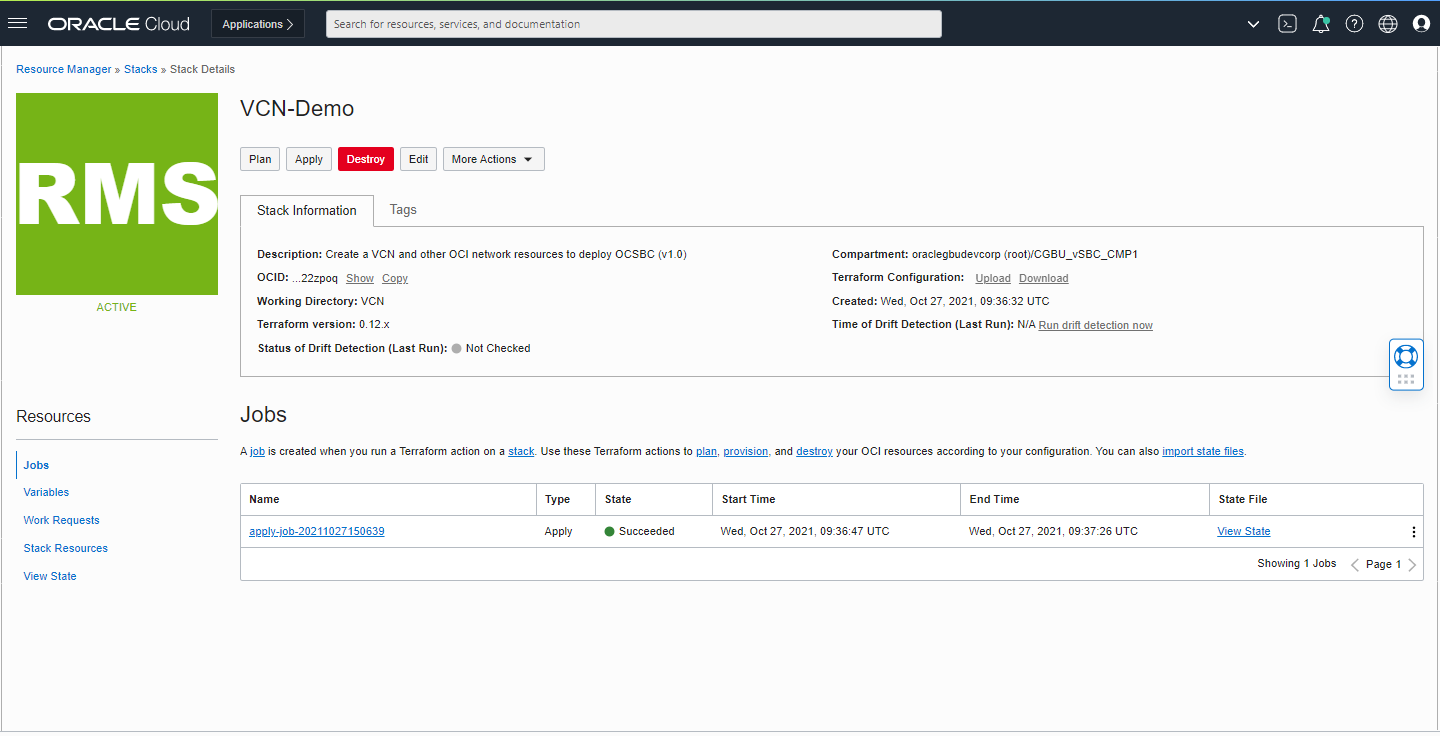 VCN Stack details