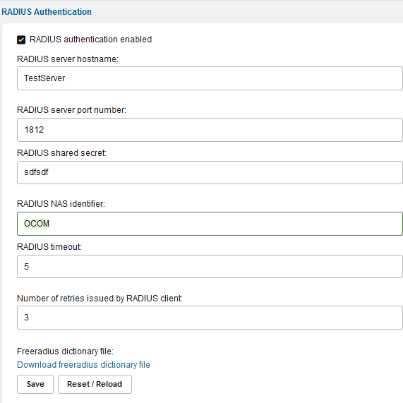 RADIUS authentication enabled page RADIUS authentication enabled page