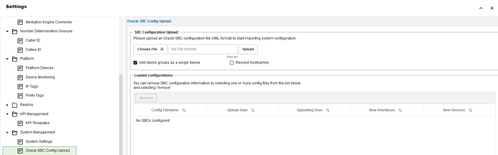 Screen capture of the Operations Monitor Settings page. The Oracle SBC Config Upload page can be found under the System Management folder Screen capture of the Operations Monitor Settings page. The Oracle SBC Config Upload page can be found under the System Management folder