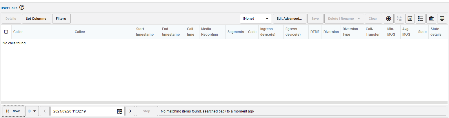 User Calls panel User Calls panel