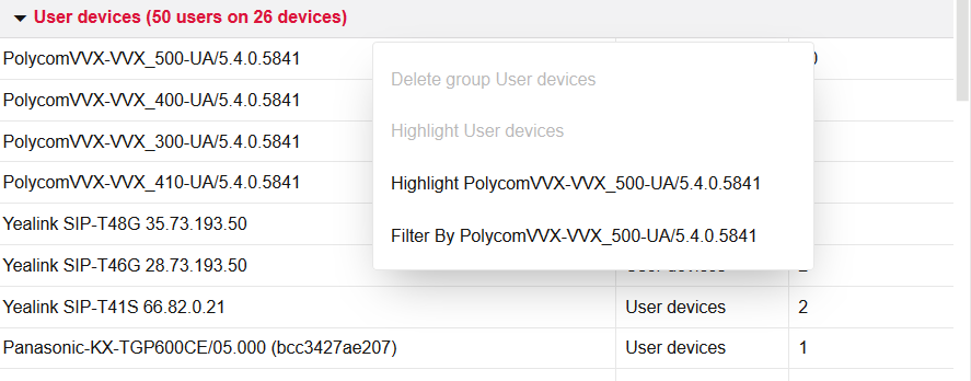 Devices Lists panel. It shows the sub menus that are displayed when a user device is right clicked Devices Lists panel. It shows the sub menus that are displayed when a user device is right clicked