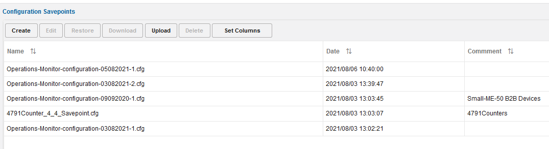 Configuration Savepoint page Configuration Savepoint page