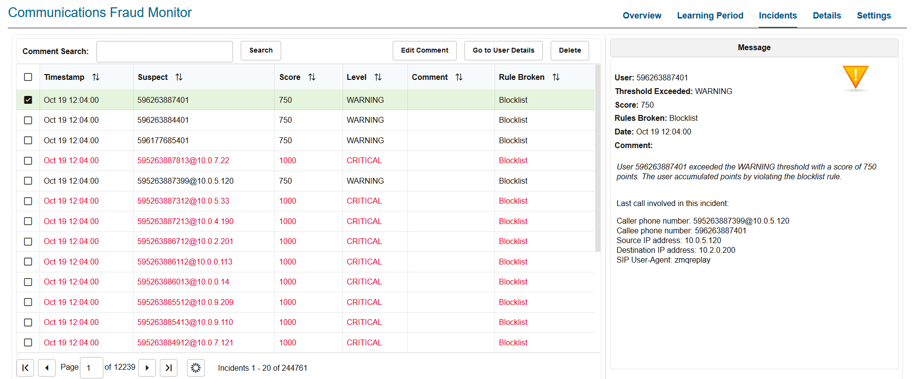 Incidents page Incidents page