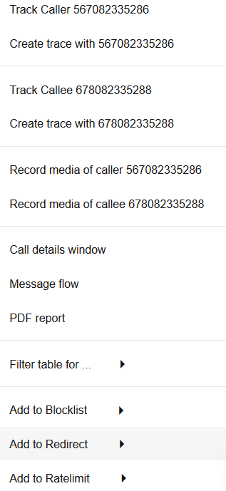 Context Menu for Calls Context Menu for Calls