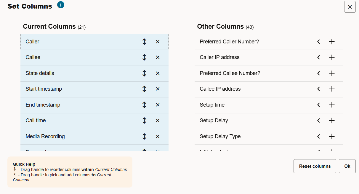 Set Columns window Set Columns window