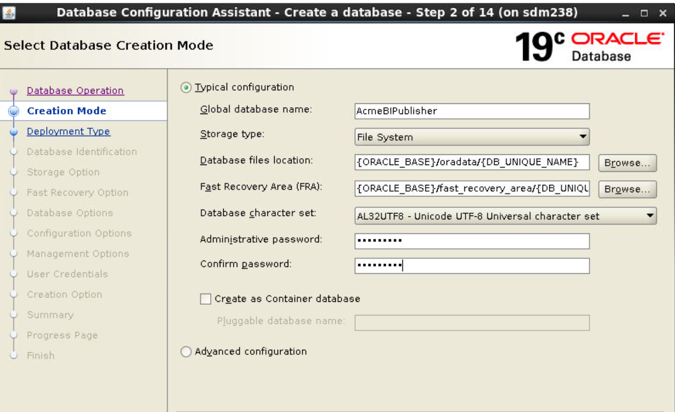 Oracle Database Instance for BI Publisher