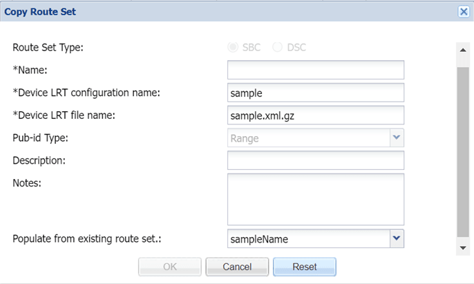 Copy Route Set dialog box Copy Route Set dialog box