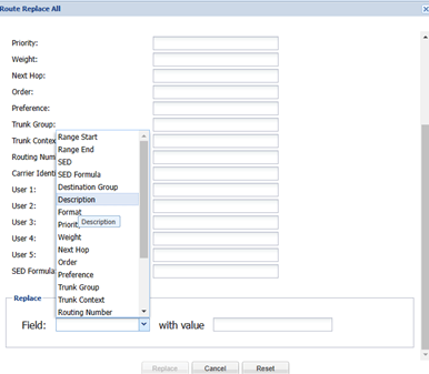 Route Replace diaog box with fields that can be replaced Route Replace diaog box with fields that can be replaced