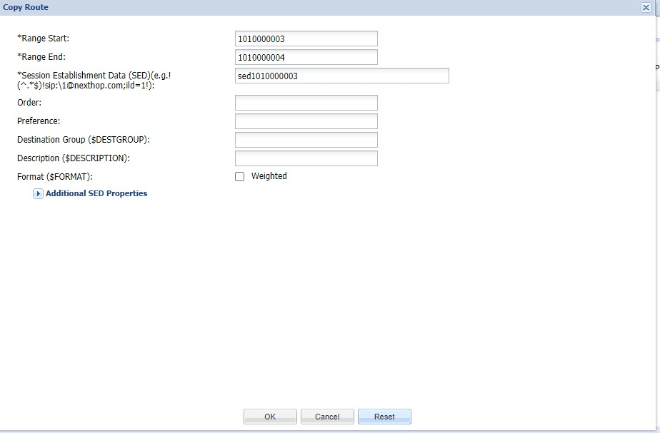 Copy Route dialog box Copy Route dialog box