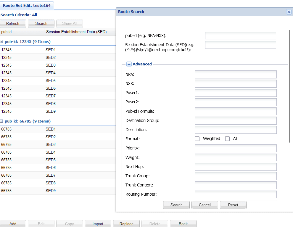 Search Route dialog box Search Route dialog box