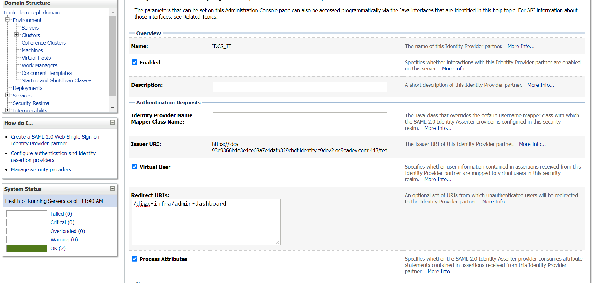 Settings for Create a SAML 2.0 Web Single Sign-on Identity Provider Partner