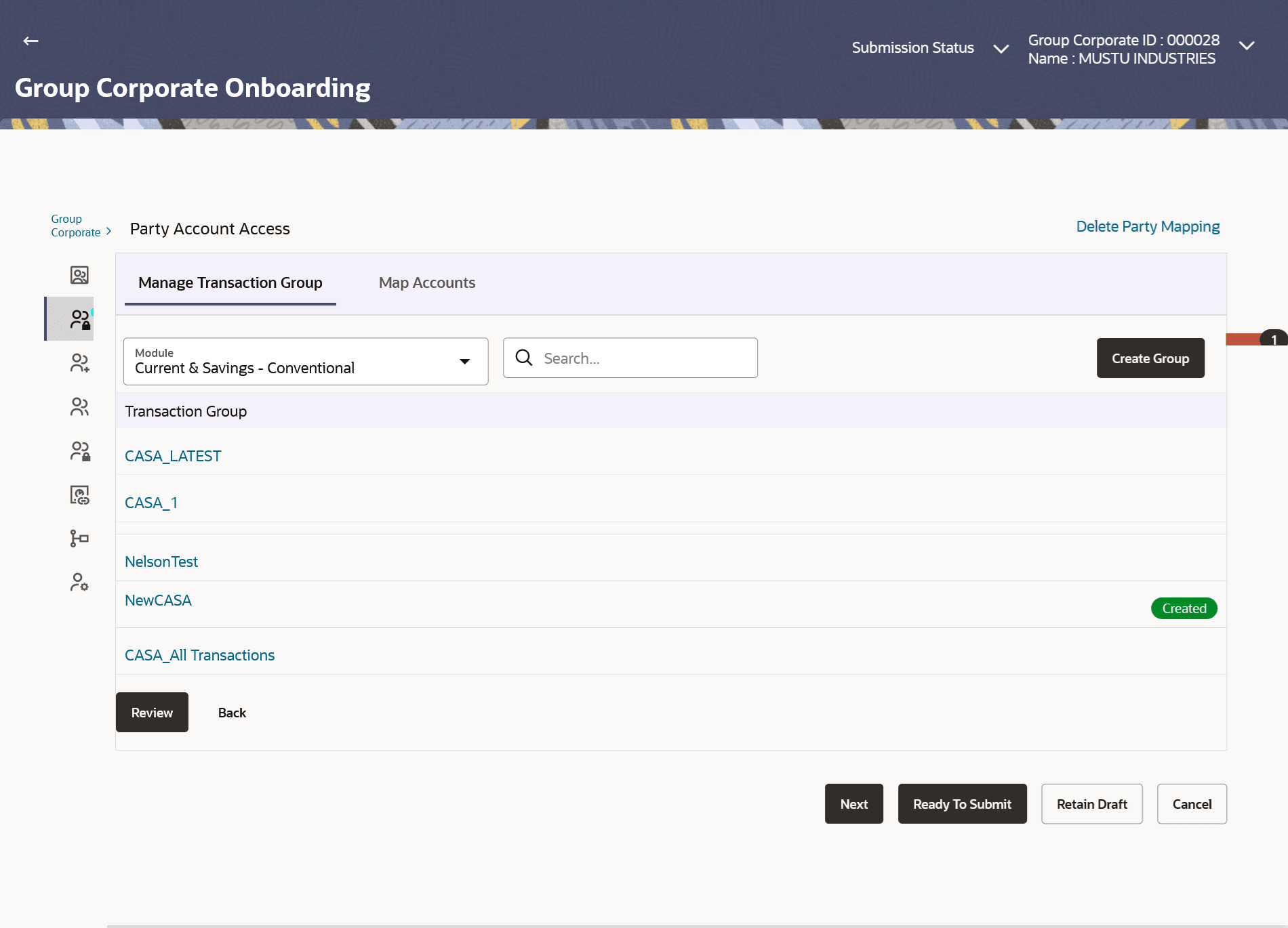 Party Account Access (Create) – Manage Transaction Group tab