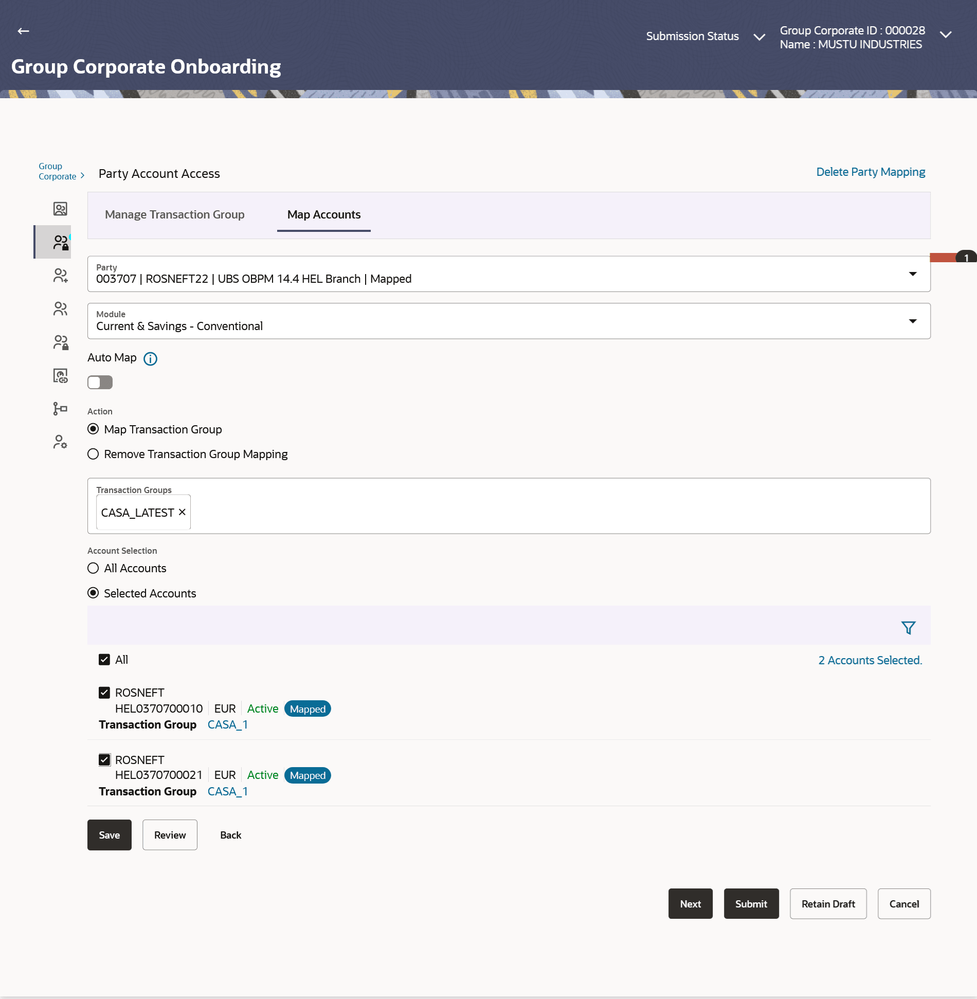 Party Account Access (Create) – Map Accounts tab