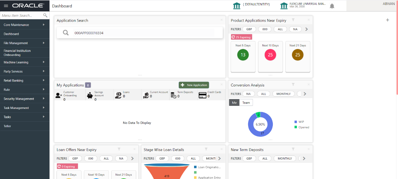 Oracle Banking Origination Dashboard Oracle Banking Origination Dashboard
