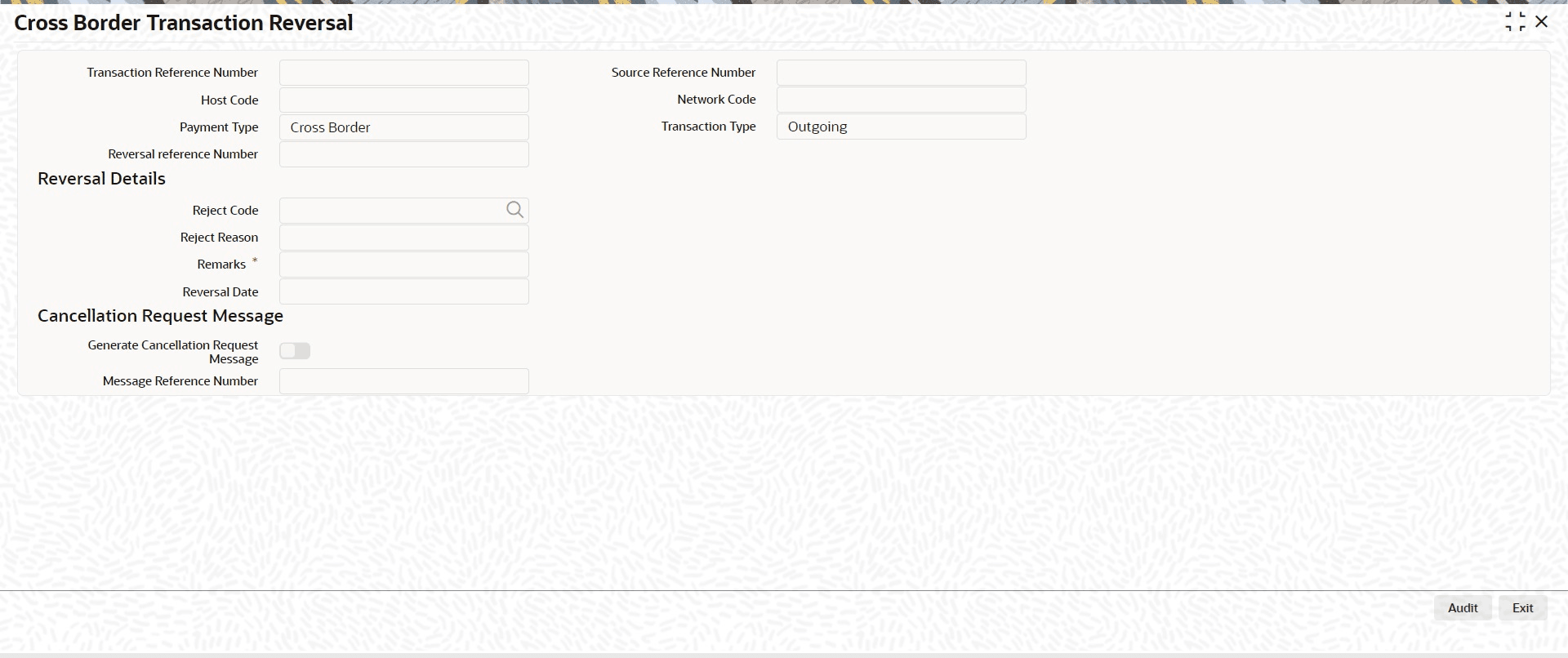 Cross Border Transaction Reversal screen