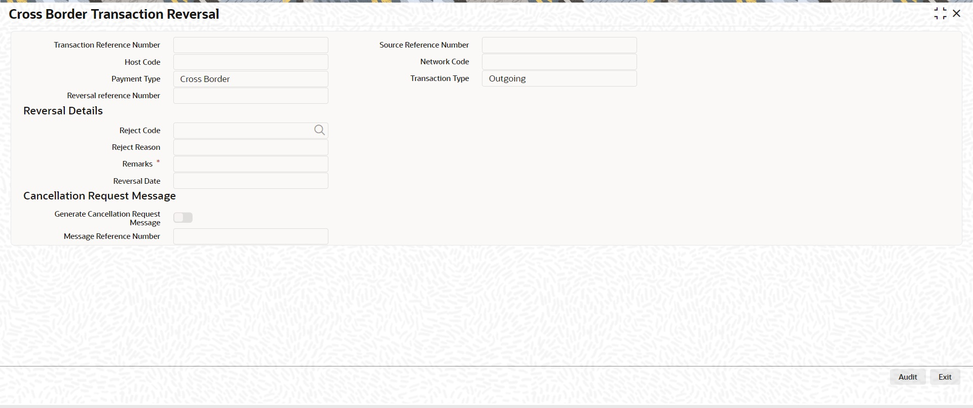 Cross Border Transaction Reversal screen