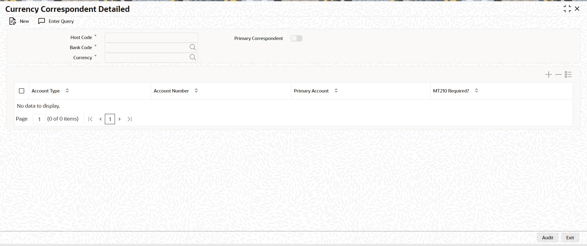 Currency Correspondent Maintenance screen