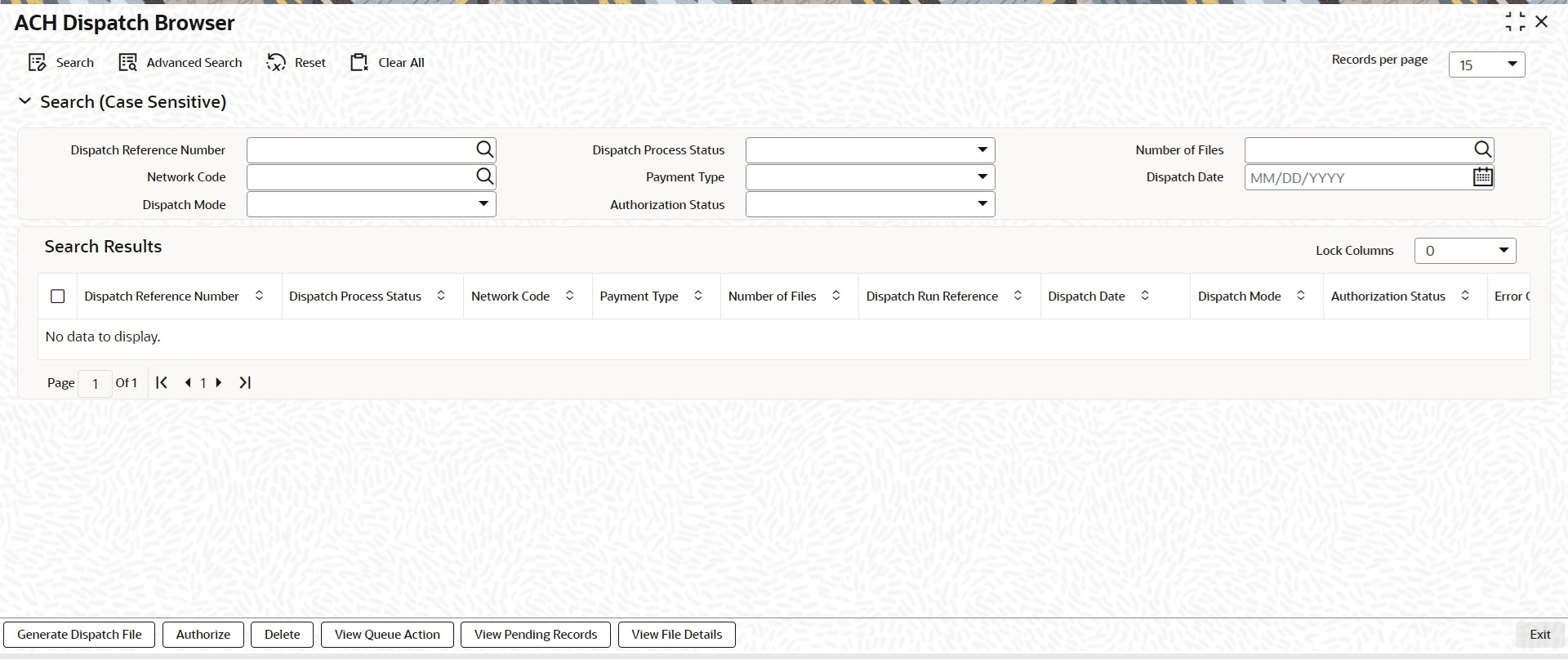 ACH Dispatch Browser screen ACH Dispatch Browser screen