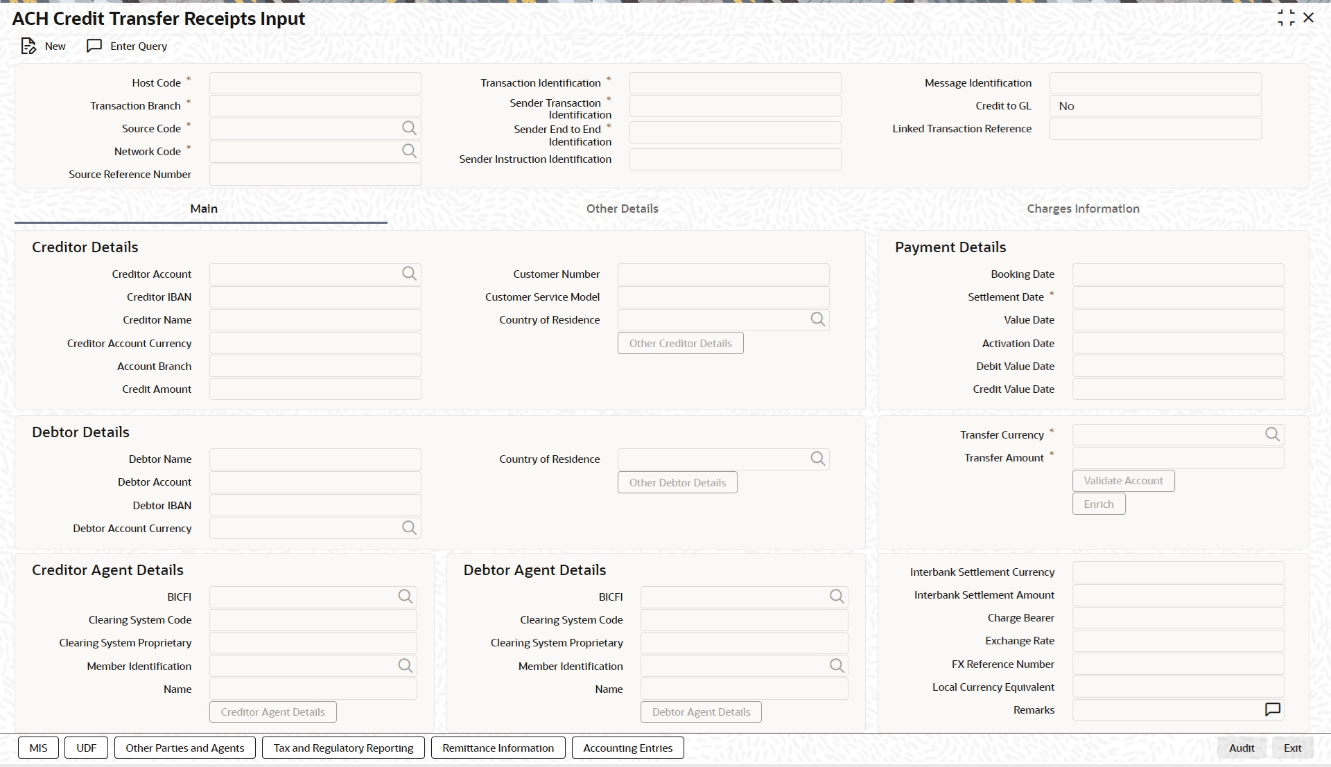 ACH Credit Transfer Receipts Input screen