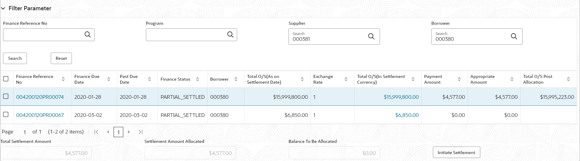 Description of finance-settlement-registration_filter-parameter-search-results.png follows