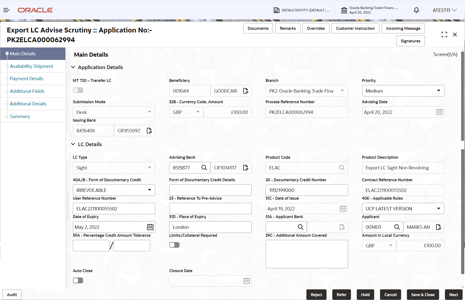 Description of scrutinymainapplicationdetails.png follows