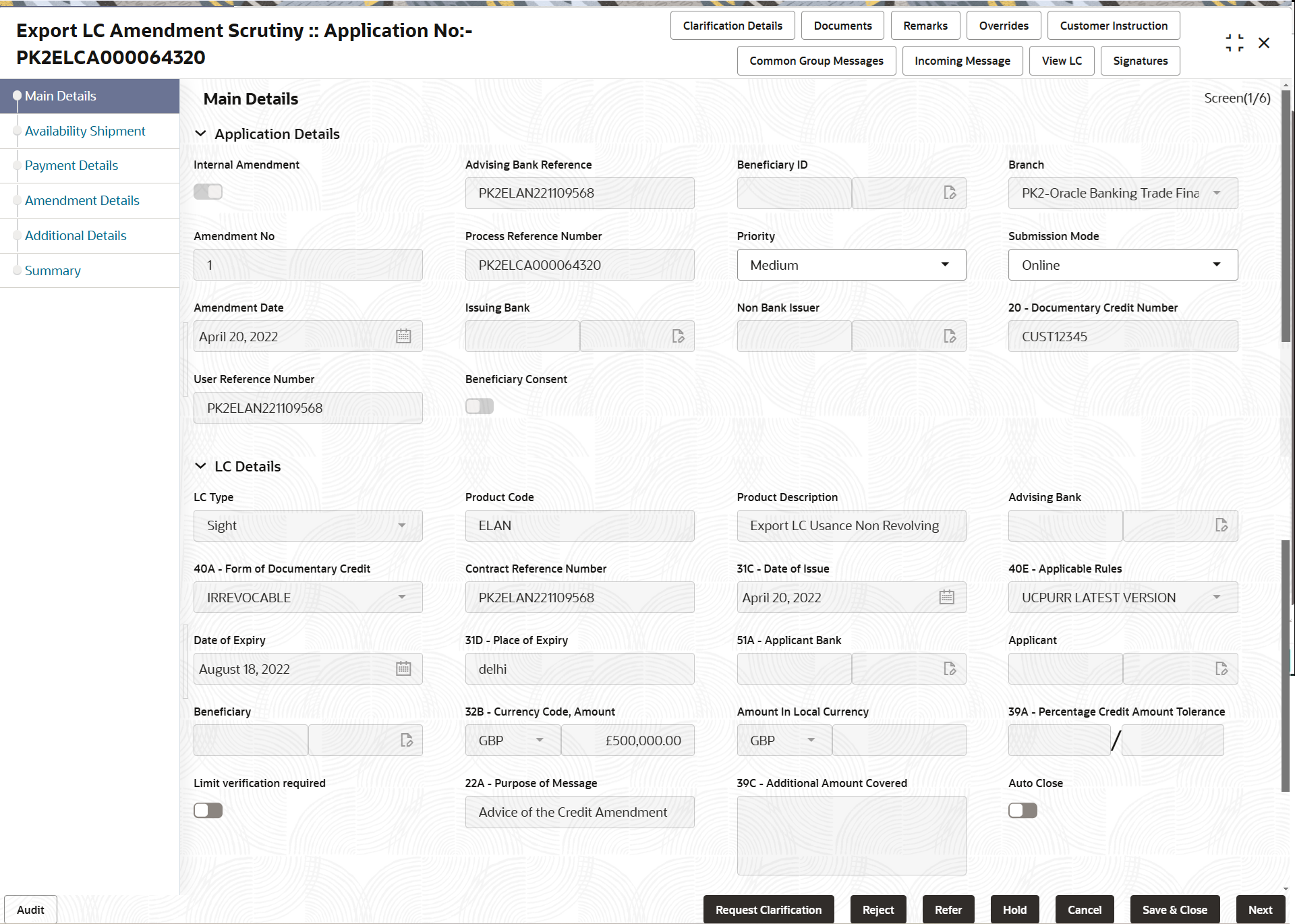 Description of scrutinymainapplicationdetails.png follows