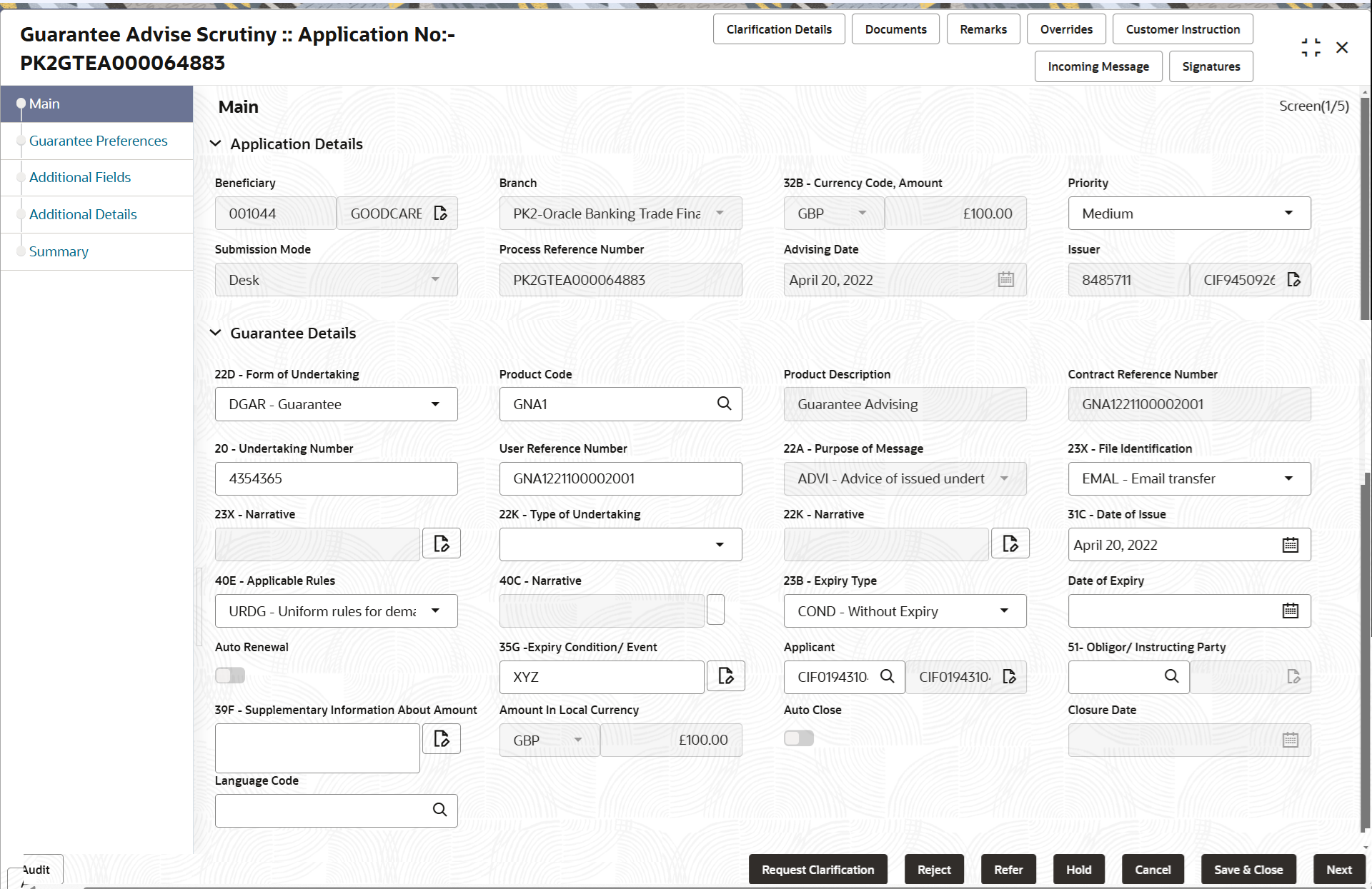 Description of scrutinymainapplicationdetails.png follows