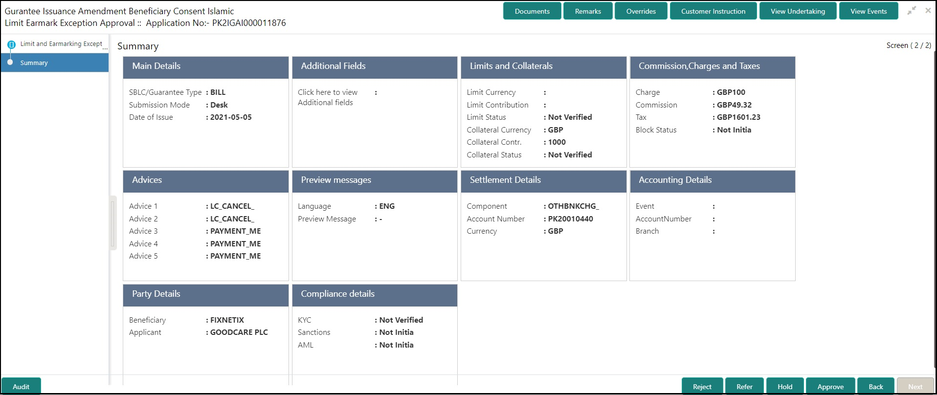 Exception - Limit Check/Credit Summary