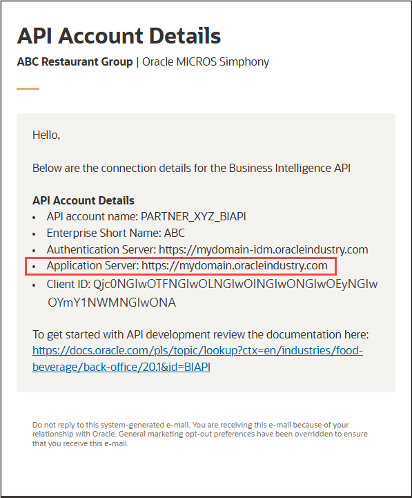 Screenshot of the email with the Application Server field in a red box