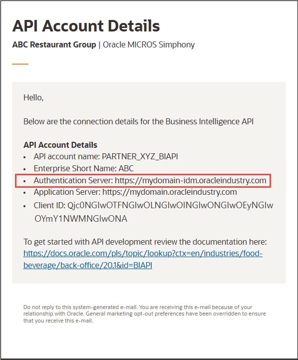 Screenshot of the email with the Authentication Server field in a red box
