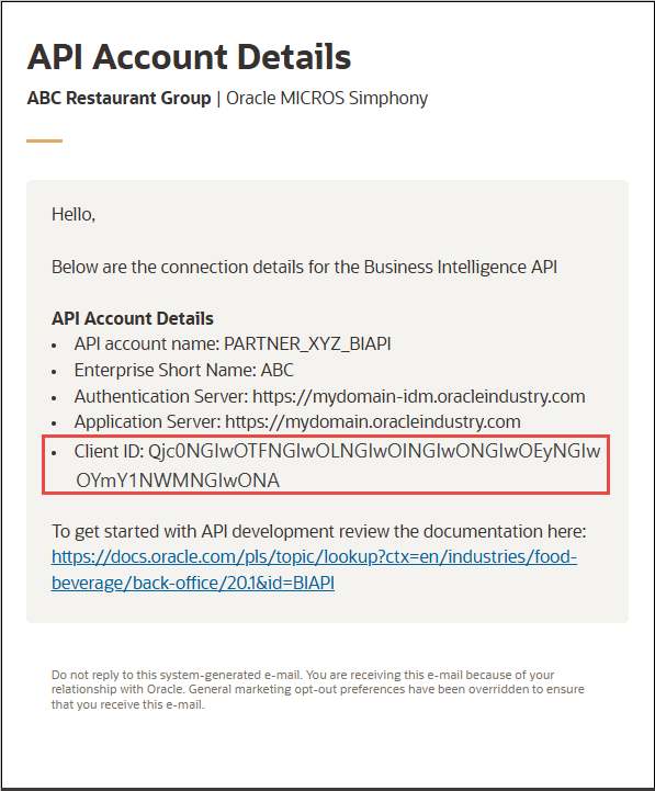 Screenshot of the email with the Client ID field in a red box