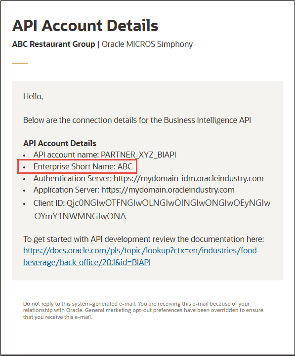 Screenshot of the email with the Enterprise Shortname field in a red box