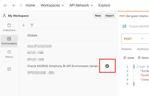 Screenshot showing a grey circle with a check mark to the right of the environment name.