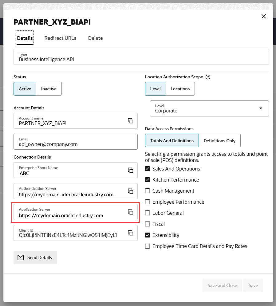 Screenshot of the account page with the Application Server field in a red box