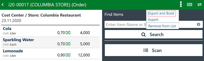Screenshot of the mobile solutions screen with the Export and Book option shown.