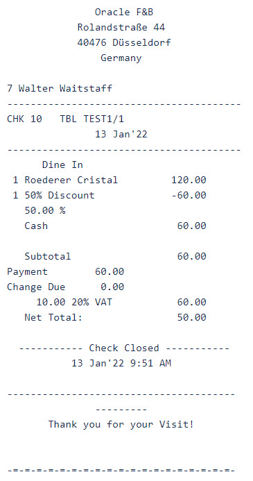 Check with one item for 120,00 at a 50% discount, cash payment, and VAT tax.