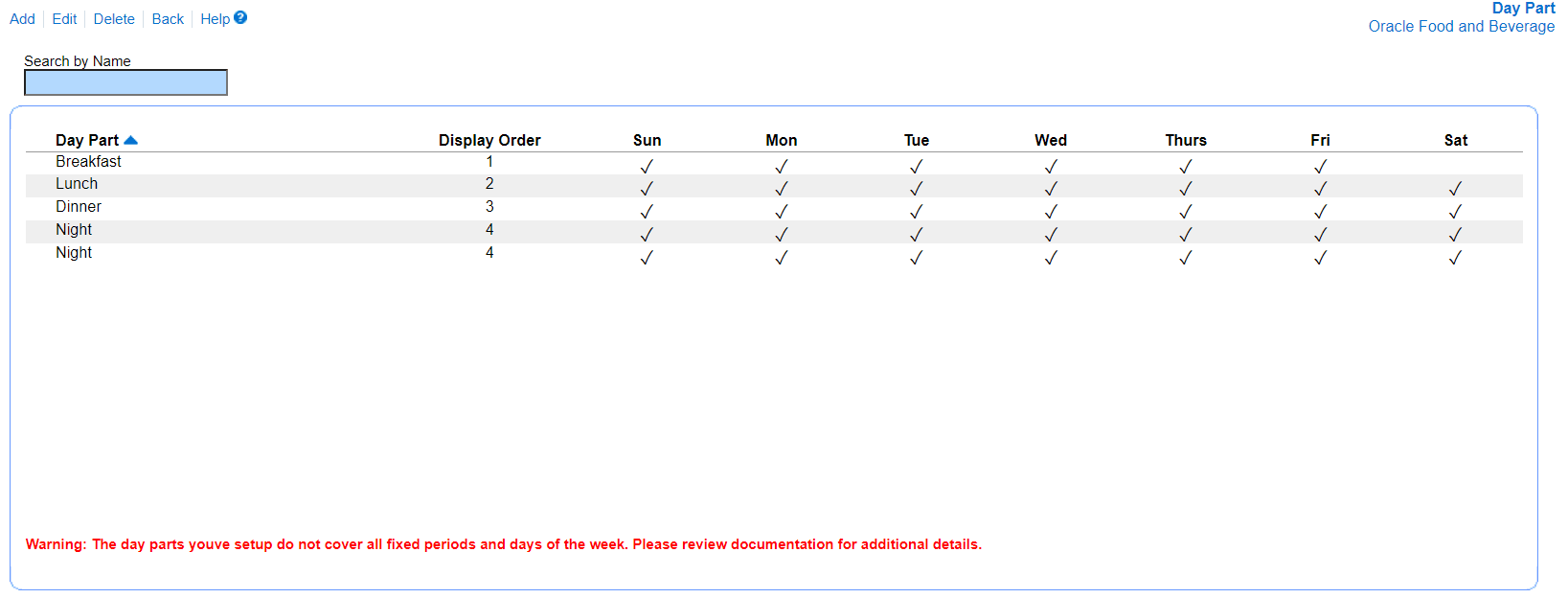 The image shows the day part configuration as it appears in Reporting and Analytics. The following message appears at the bottom of the page: Warning: The day parts you’ve setup do not cover all fixed periods and days of the week. Please review documentation for additional details.