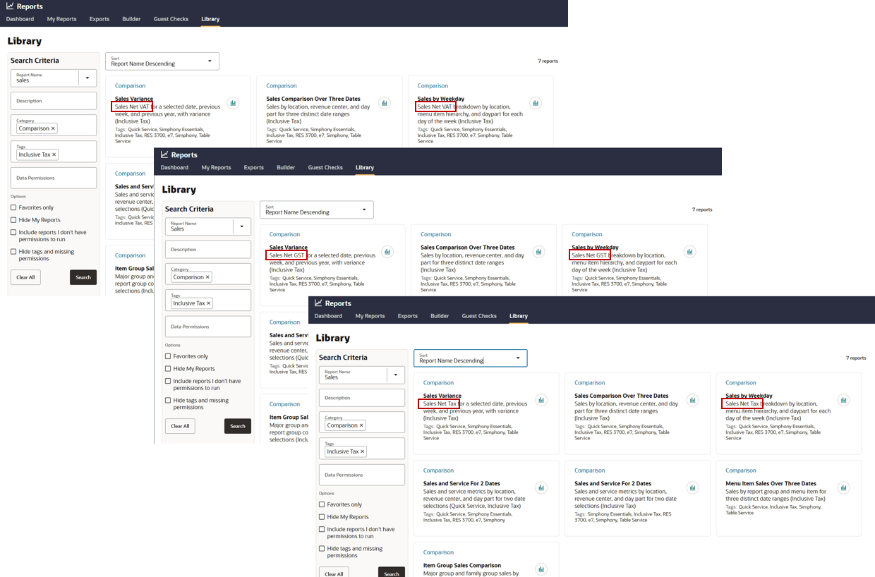 Three screenshots of the Library page with the different label variations. For example, Sales Net VAT vs. Sales Net GST vs. Sales Net Tax.
