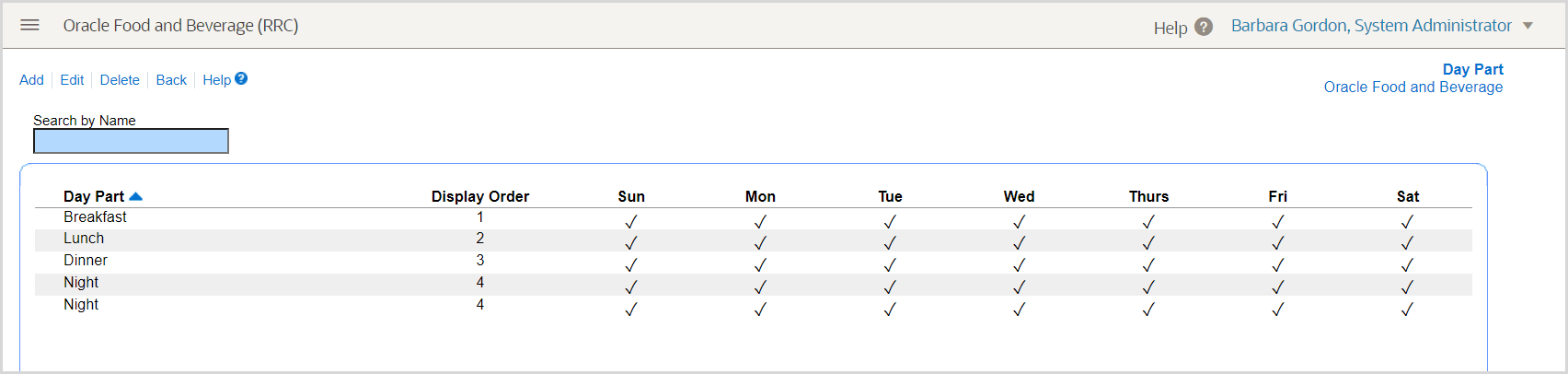 The image shows the configuration for a night day part that spans over midnight as it appears in Reporting and Analytics.