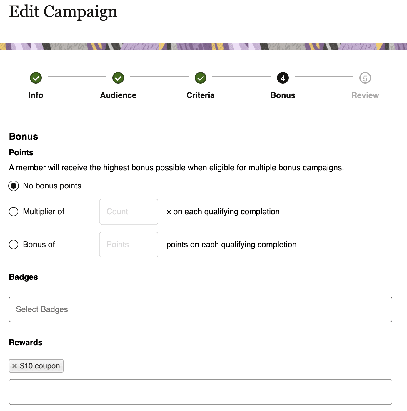 Shows the Bonus step when editing a campaign. Shows the Bonus step when editing a campaign.