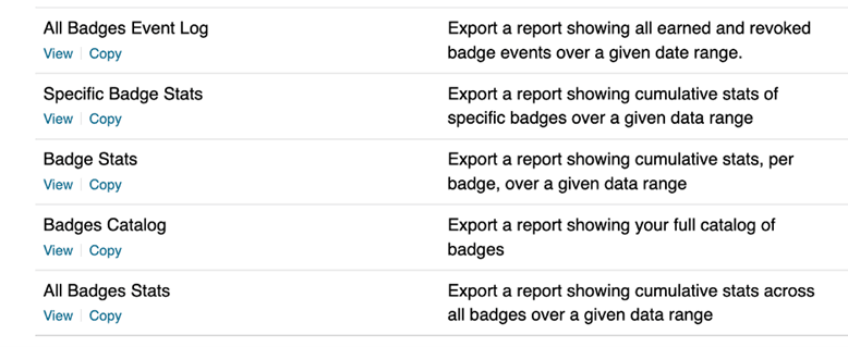 Image shows the data export templates for badges. Image shows the data export templates for badges.