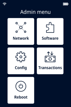 This image shows the admin menu with options for network, software, config, transactions, and reboot.