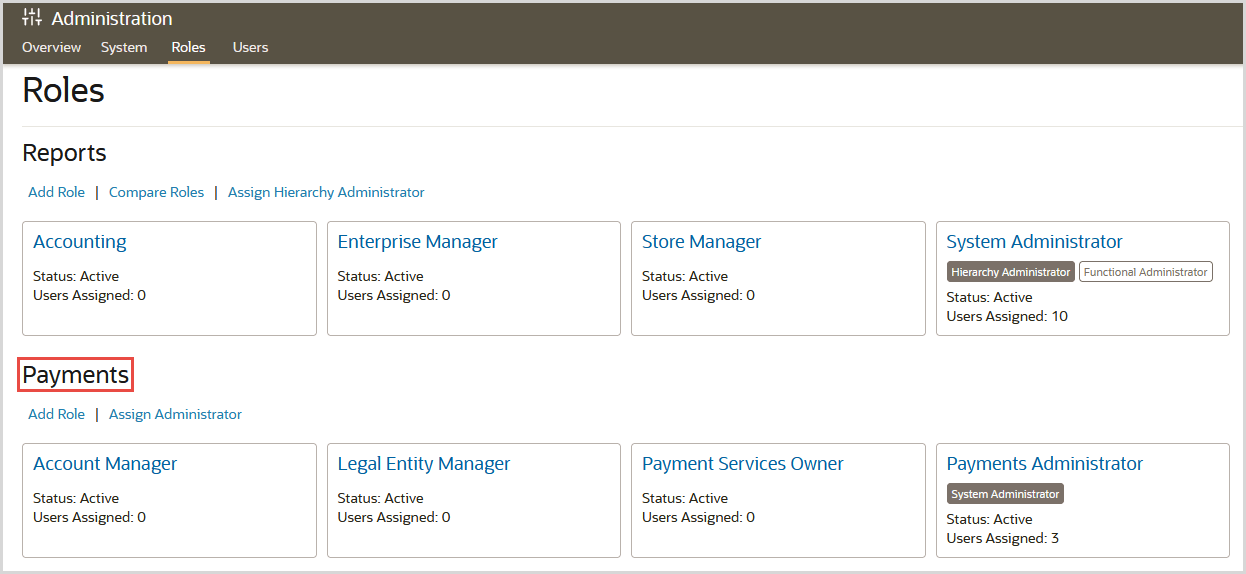 The image shows the Reporting and Analytics screen for selecting the Payment Cloud Service role to add privileges to it.