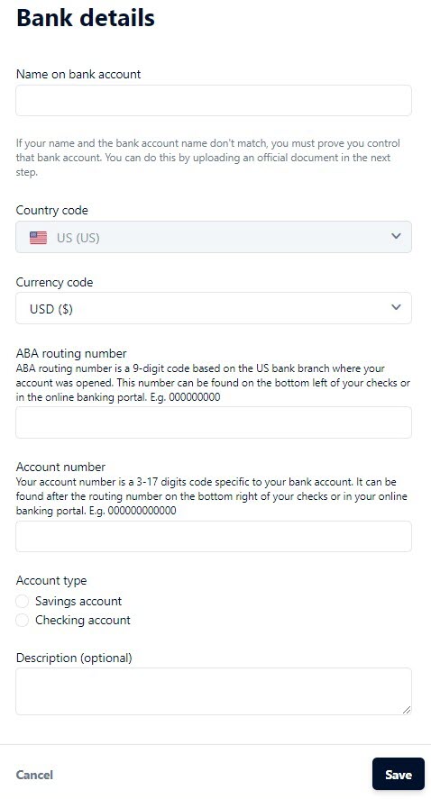 The image shows bank account details and the fields that must be completed.
