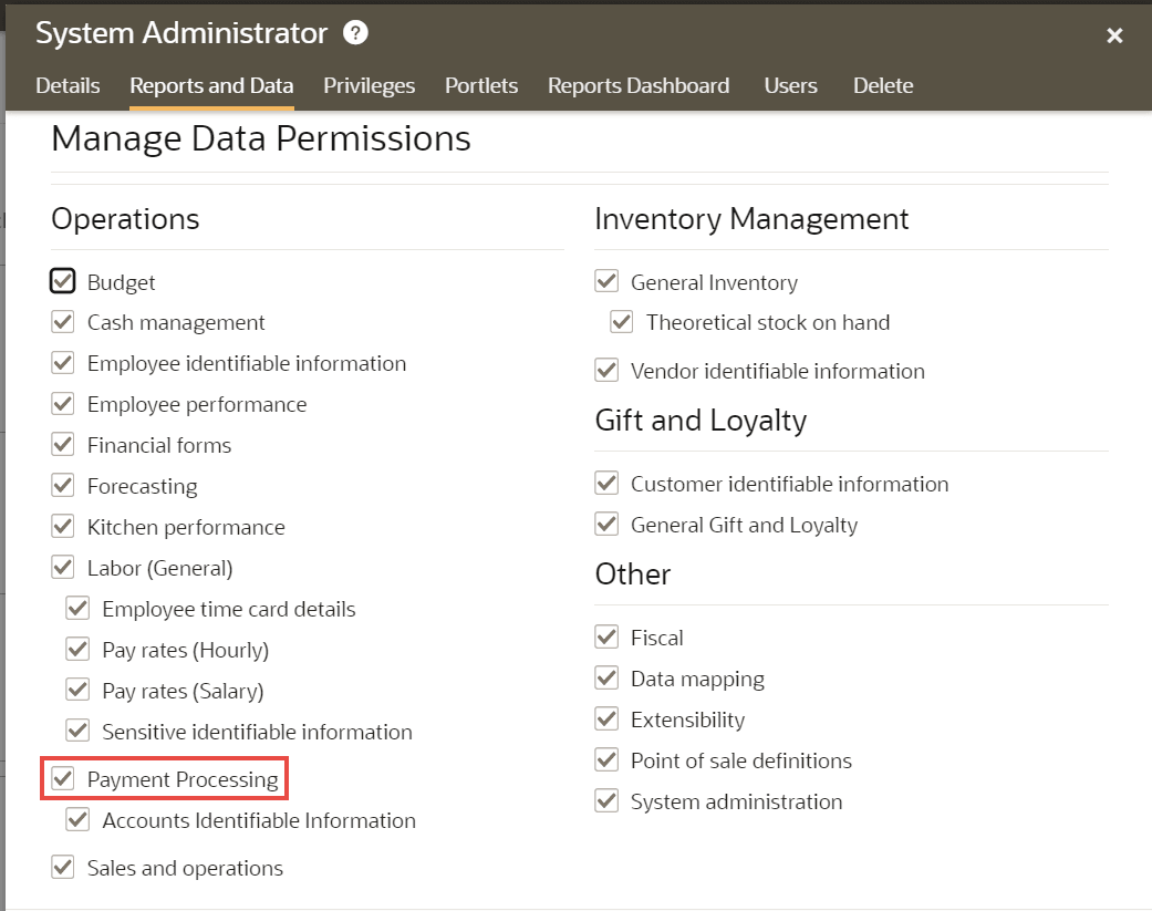 The image shows the Reporting and Analytics screen for assigning the Payment processing privilege to a Payment Cloud Service role.