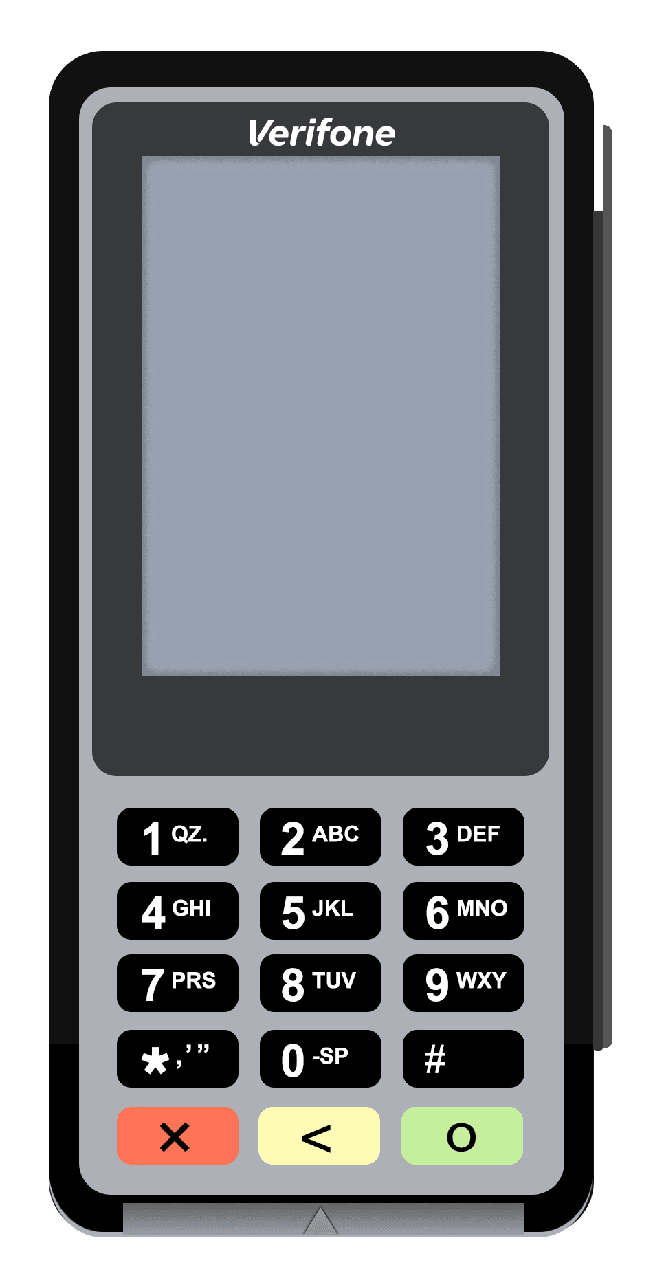 This image shows the Verifone P400 payment terminal with a screen and numbered buttons.