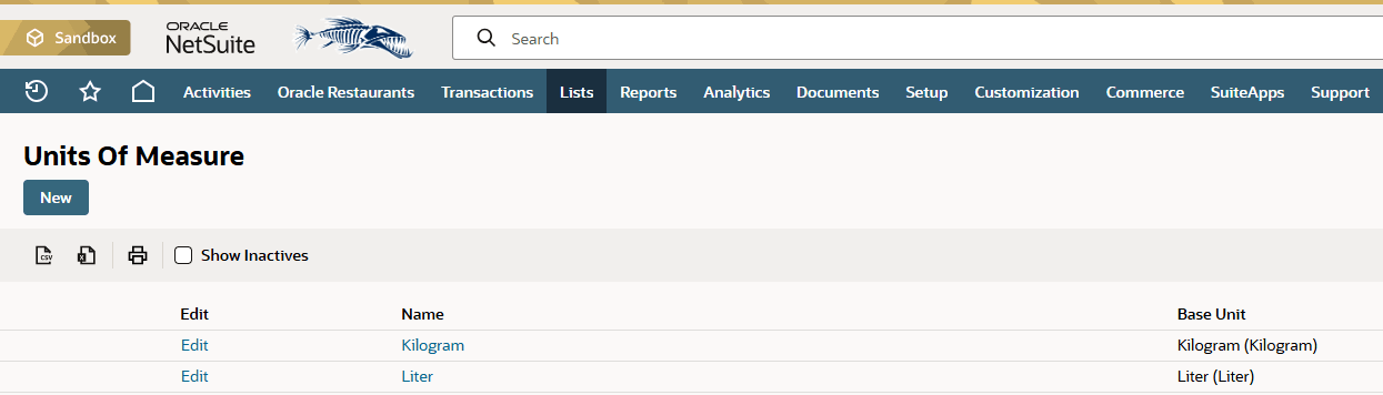 This figure shows the NetSuite Units of Measure page.