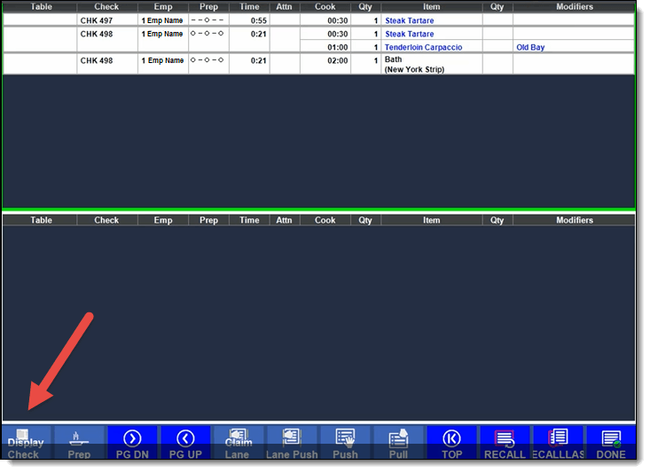 This figure shows the KDS Display. It highlights the Display Check button on the navigational toolbar.